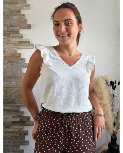 AVELINE | Blouse blanche sans manche volants sur les épaules
