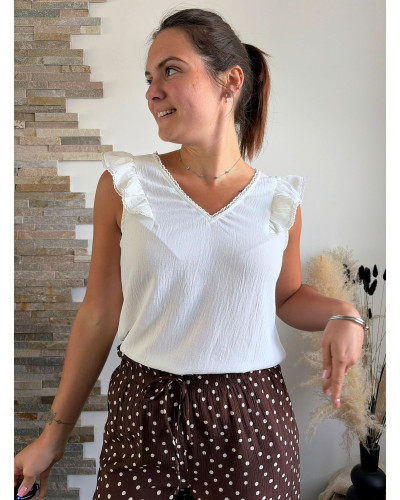 AVELINE | Blouse blanche sans manche volants sur les épaules