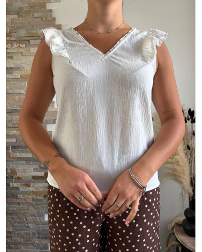 AVELINE | Blouse blanche sans manche volants sur les épaules