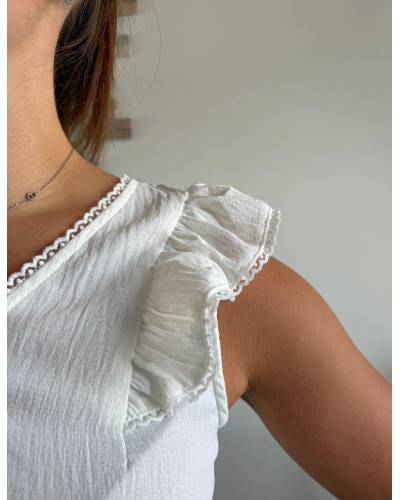 AVELINE | Blouse blanche sans manche volants sur les épaules