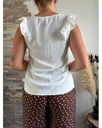 AVELINE | Blouse blanche sans manche volants sur les épaules