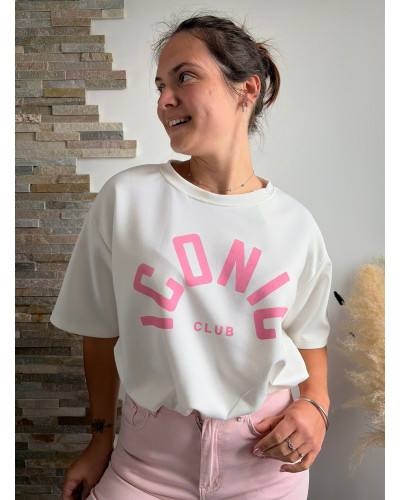 ESTEBAN | Tee-shirt blanc court inscription ICONIC rose