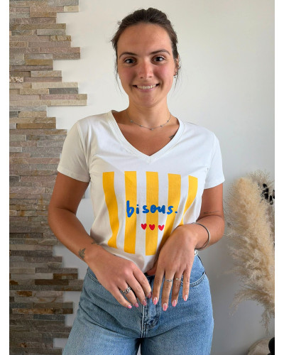 ELOUAN | Tee-shirt blanc rayures jaunes bisous