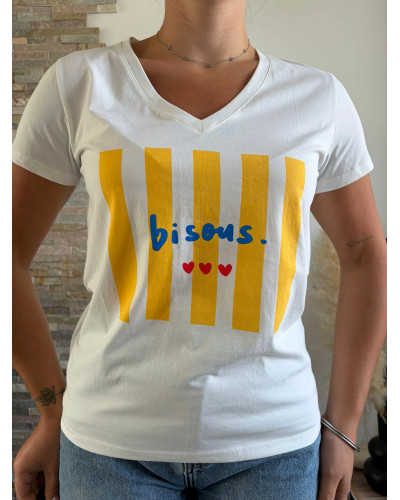 ELOUAN | Tee-shirt blanc rayures jaunes bisous