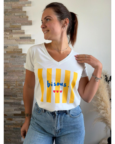 ELOUAN | Tee-shirt blanc rayures jaunes bisous