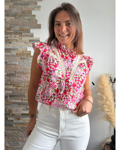 ABBA | Blouse fleurie rose fushia volants sur les épaules