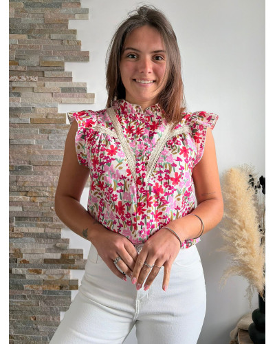 ABBA | Blouse fleurie rose fushia volants sur les épaules