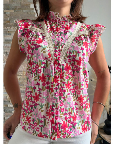 ABBA | Blouse fleurie rose fushia volants sur les épaules