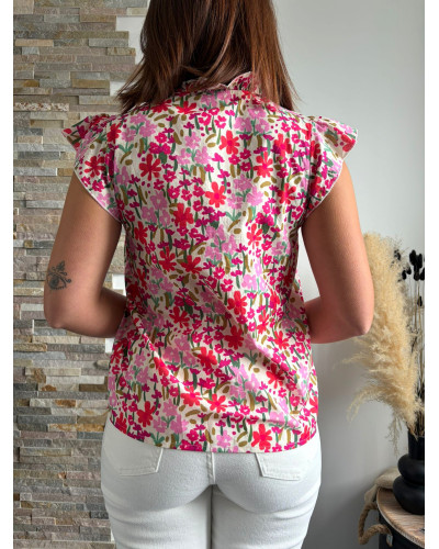 ABBA | Blouse fleurie rose fushia volants sur les épaules
