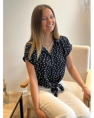 VIOLA | Blouse bleu marine à pois blanc manche courte