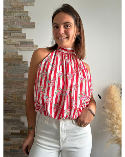 CALEB | Top rayé rouge bouffant avec fleur col halter