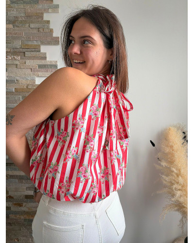 CALEB | Top rayé rouge bouffant avec fleur col halter