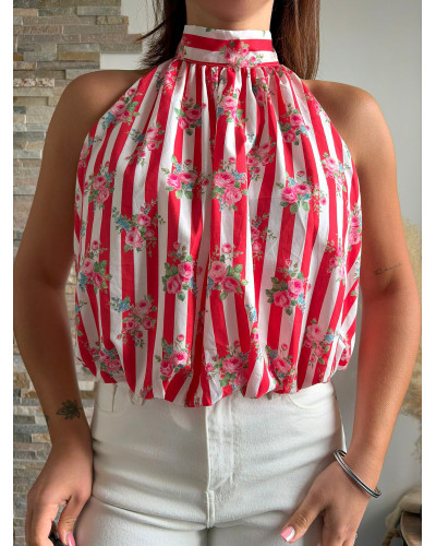 CALEB | Top rayé rouge bouffant avec fleur col halter