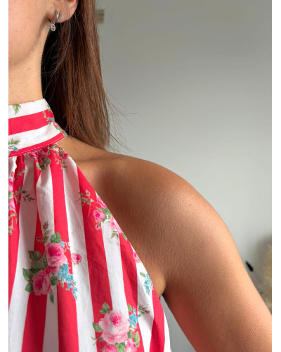 CALEB | Top rayé rouge bouffant avec fleur col halter