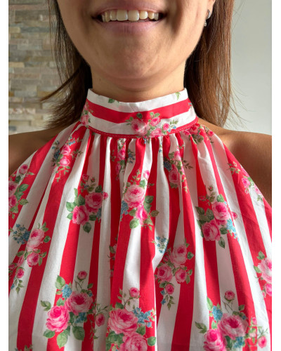 CALEB | Top rayé rouge bouffant avec fleur col halter