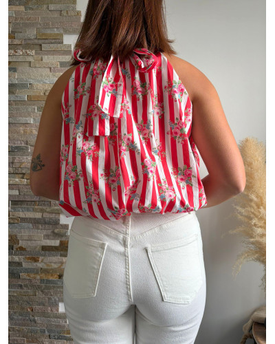 CALEB | Top rayé rouge bouffant avec fleur col halter