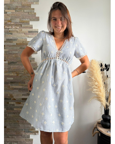 BROOKE | Robe bleu ciel rayée broderie carrée