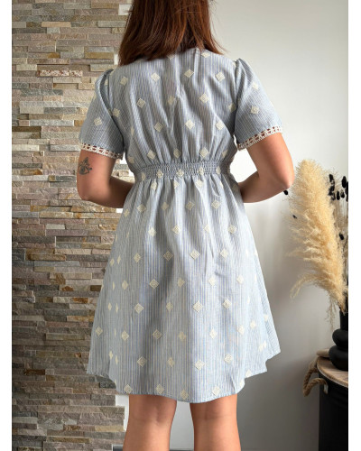 BROOKE | Robe bleu ciel rayée broderie carrée