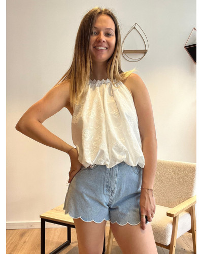 YVAIN | Top en coton blanc bouffant avec broderie