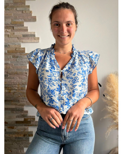 IVY | Blouse blanche fluide sans manche imprimé bleu