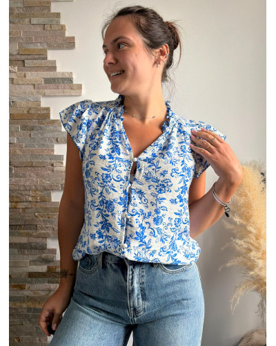 IVY | Blouse blanche fluide sans manche imprimé bleu