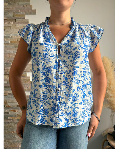 IVY | Blouse blanche fluide sans manche imprimé bleu