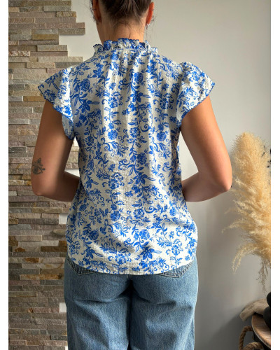 IVY | Blouse blanche fluide sans manche imprimé bleu