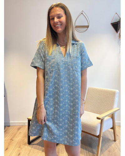 ALBA | Robe droite bleu jean col chemise avec broderie