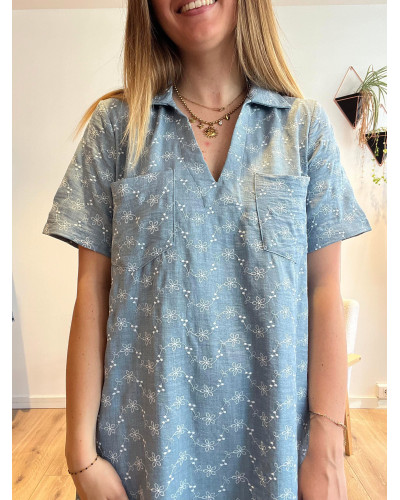 ALBA | Robe droite bleu jean col chemise avec broderie