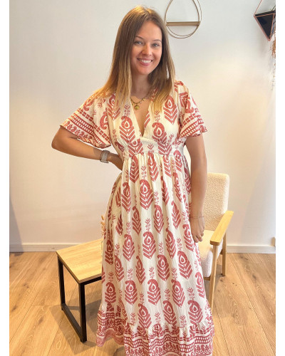 TINA | Robe longue fluide écrue motif ethnique rose