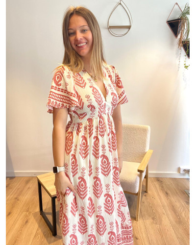 TINA | Robe longue fluide écrue motif ethnique rose