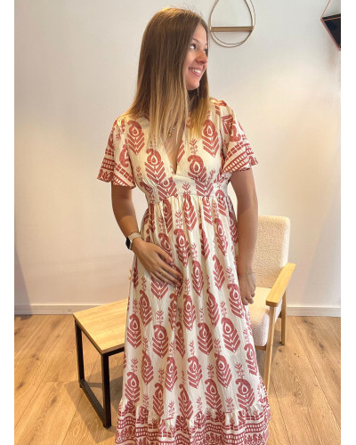 TINA | Robe longue fluide écrue motif ethnique rose