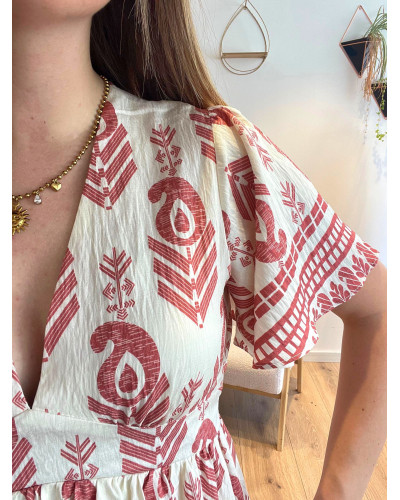 TINA | Robe longue fluide écrue motif ethnique rose