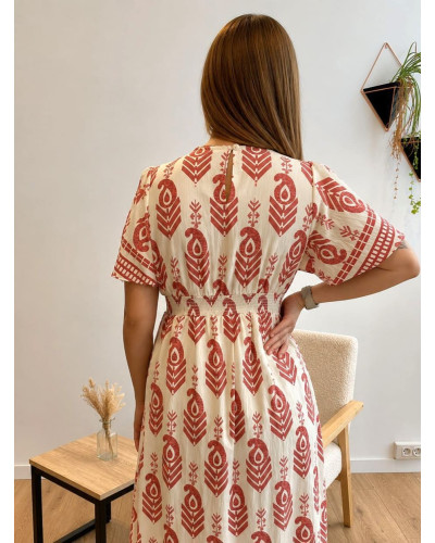 TINA | Robe longue fluide écrue motif ethnique rose
