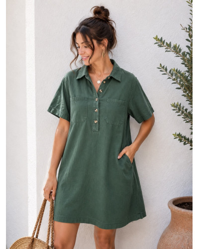 NOUR | Robe droite en jean verte col chemise