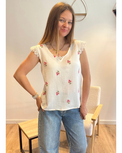 FELICIE | Blouse gaze de coton fleurs brodées
