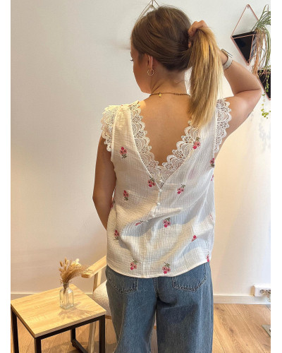 FELICIE | Blouse gaze de coton fleurs brodées
