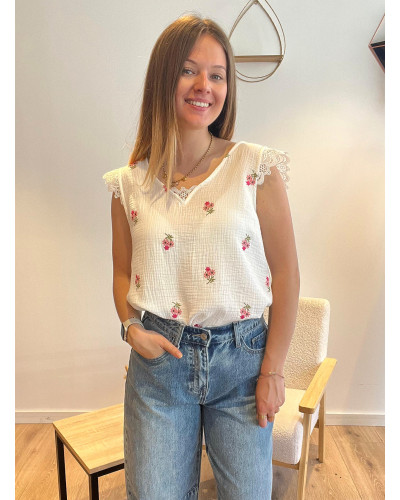 FELICIE | Blouse gaze de coton fleurs brodées