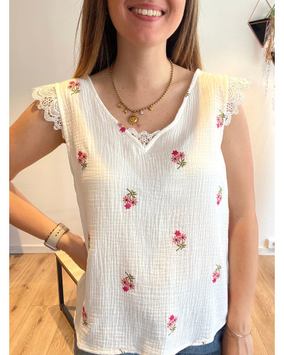 FELICIE | Blouse gaze de coton fleurs brodées