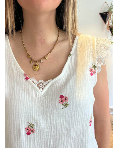 FELICIE | Blouse gaze de coton fleurs brodées