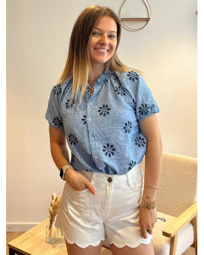 INES | Blouse bleue manche courte avec broderie