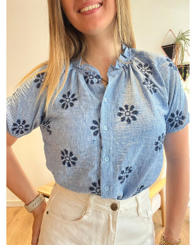 INES | Blouse bleue manche courte avec broderie