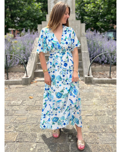 MARYLIN | Robe longue blanche fluide motif bleu