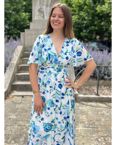 MARYLIN | Robe longue blanche fluide motif bleu