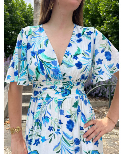 MARYLIN | Robe longue blanche fluide motif bleu