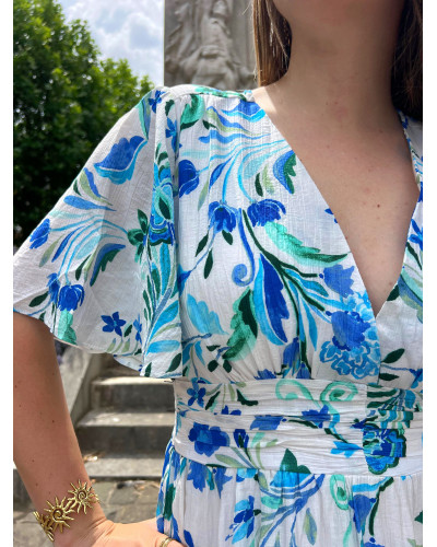 MARYLIN | Robe longue blanche fluide motif bleu