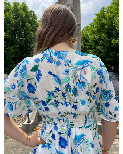 MARYLIN | Robe longue blanche fluide motif bleu
