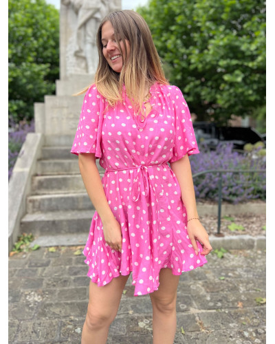 ODILE | Robe à pois rose fuchsia manche courte