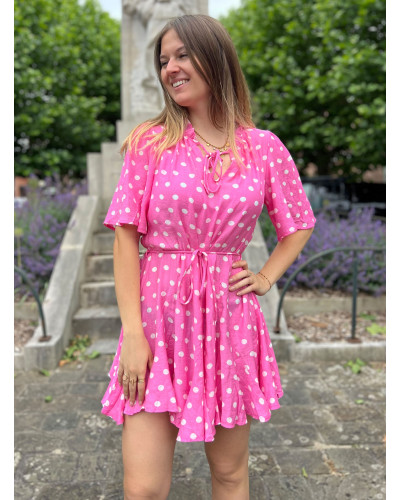 ODILE | Robe à pois rose fuchsia manche courte
