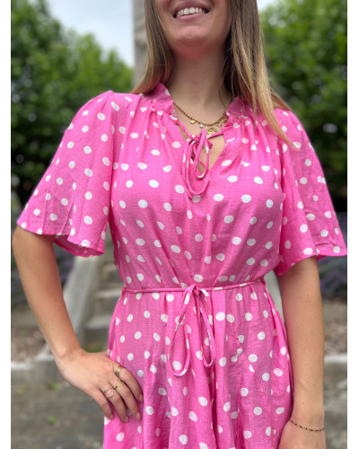 ODILE | Robe à pois rose fuchsia manche courte